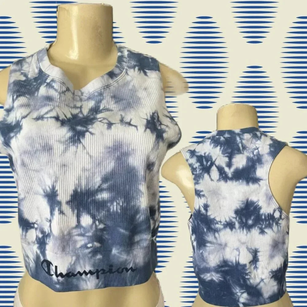Champion XL Blue Tie-Dye Ribbed Stretch Double Dry Crew Neck Crop Fitted Tank